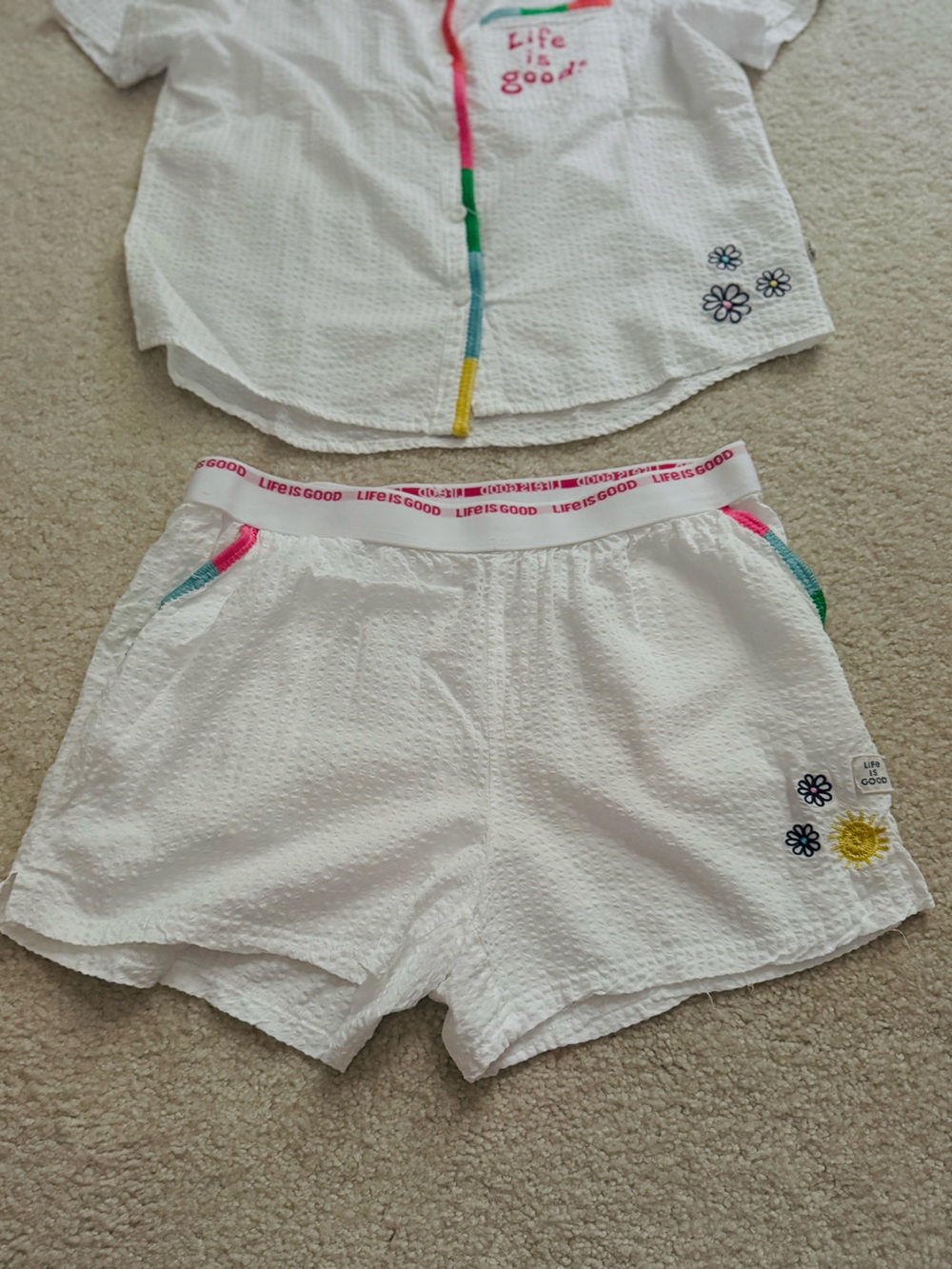 Life Is Good Sleep Set Seersucker Embroidered Rainbow Pajama Top & Shorts White - Picture 5 of 12